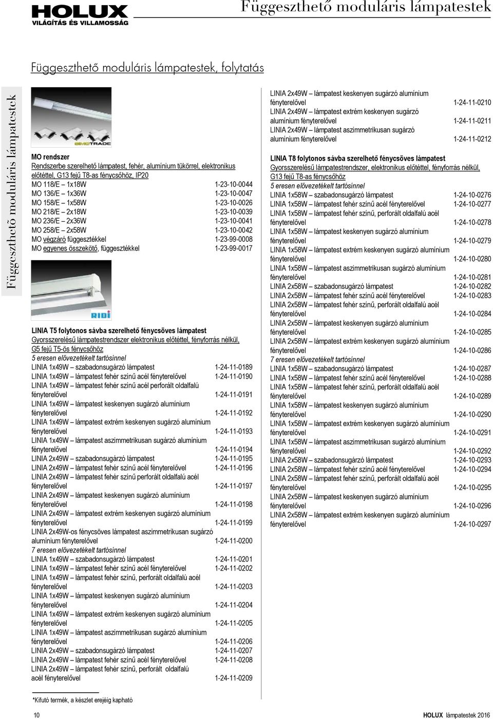 258/E 2x58W 1-23-10-0042 MO végzáró függesztékkel 1-23-99-0008 MO egyenes összekötő, függesztékkel 1-23-99-0017 LINIA T5 folytonos sávba szerelhető fénycsöves lámpatest Gyorsszerelésű