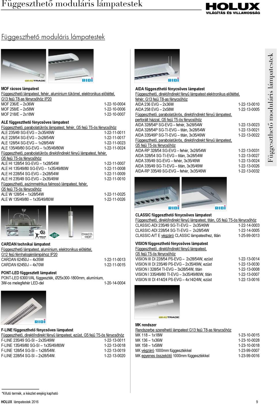 ALE 235/49 SG-EVG 2x35/49W 1-22-11-0011 ALE 228/54 SG-EVG 2x28/54W 1-22-11-0017 ALE 128/54 SG-EVG 1x28/54W 1-22-11-0023 ALE 135/49/80 SG-EVG 1x35/49/80W 1-22-11-0024 Függeszthető, parabolatükrös