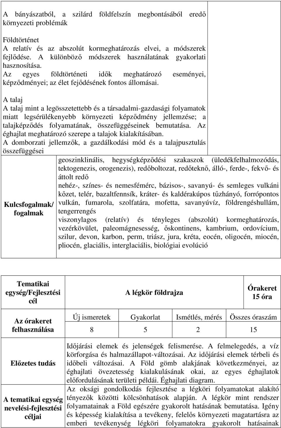 A talaj A talaj mint a legösszetettebb és a társadalmi-gazdasági folyamatok miatt legsérülékenyebb környezeti képződmény jellemzése; a talajképződés folyamatának, összefüggéseinek bemutatása.