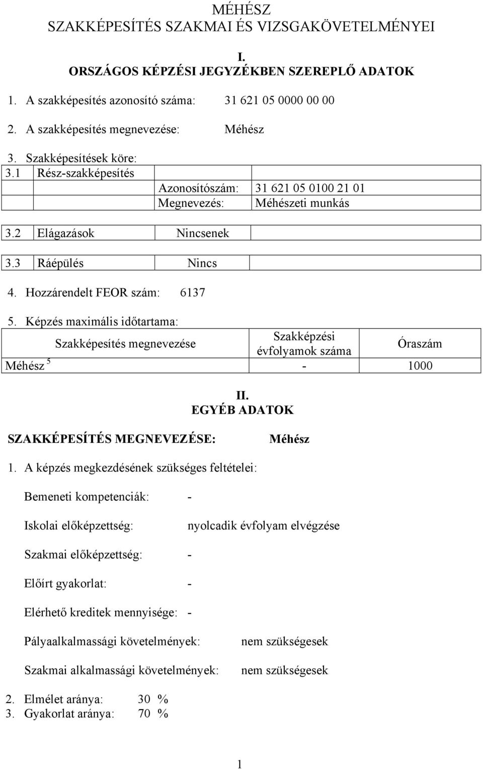 Képzés maximális időtartama: Szakképesítés megnevezése Szakképzési évfolyamok száma Óraszám Méhész 5-1000 II. EGYÉB ADATOK SZAKKÉPESÍTÉS MEGNEVEZÉSE: Méhész 1.