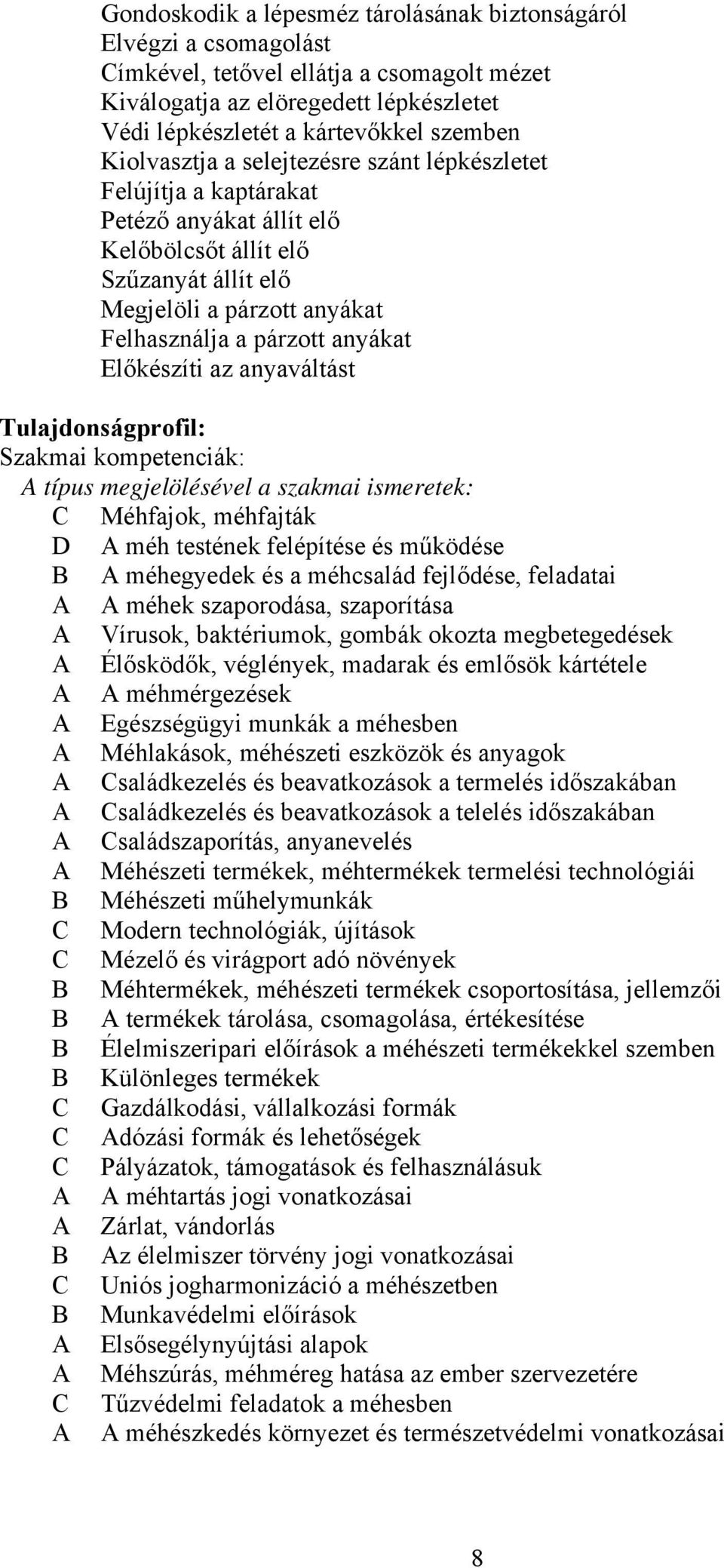 Előkészíti az anyaváltást Tulajdonságprofil: Szakmai kompetenciák: A típus megjelölésével a szakmai ismeretek: C Méhfajok, méhfajták D A méh testének felépítése és működése B A méhegyedek és a