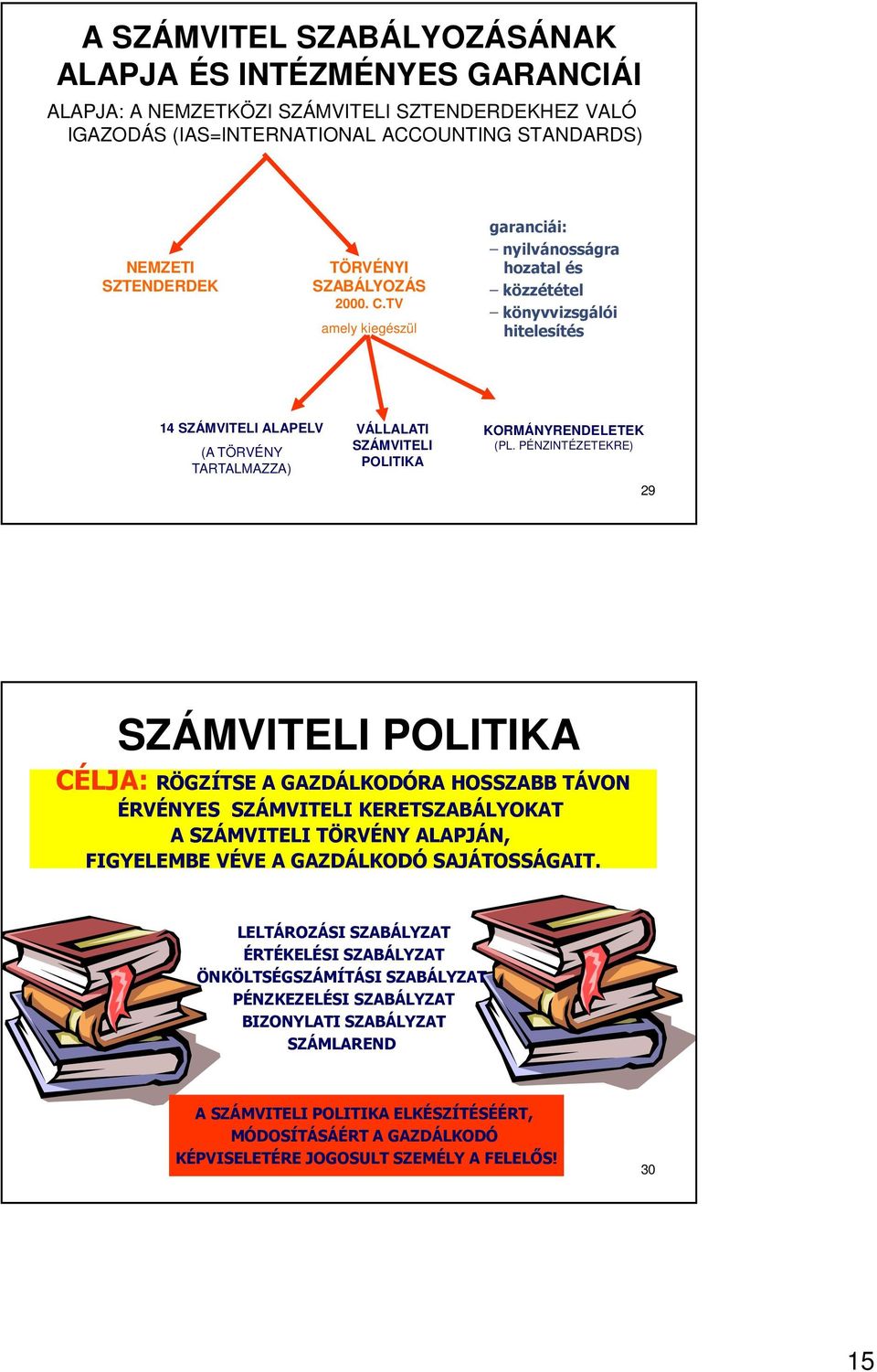 TV amely kiegészül garanciái: nyilvánosságra hozatal és közzététel könyvvizsgálói hitelesítés 14 SZÁMVITELI ALAPELV (A TÖRVÉNY TARTALMAZZA) VÁLLALATI SZÁMVITELI POLITIKA KORMÁNYRENDELETEK (PL.