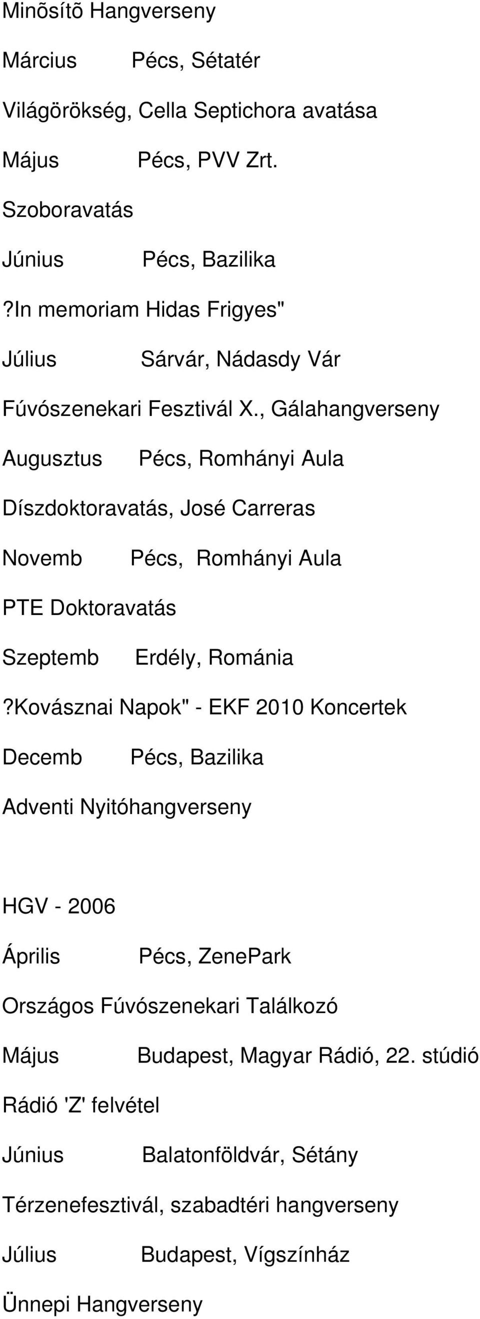 , Gálahangverseny Augusztus Pécs, Romhányi Aula Díszdoktoravatás, José Carreras Novemb Pécs, Romhányi Aula PTE Doktoravatás Szeptemb Erdély, Románia?