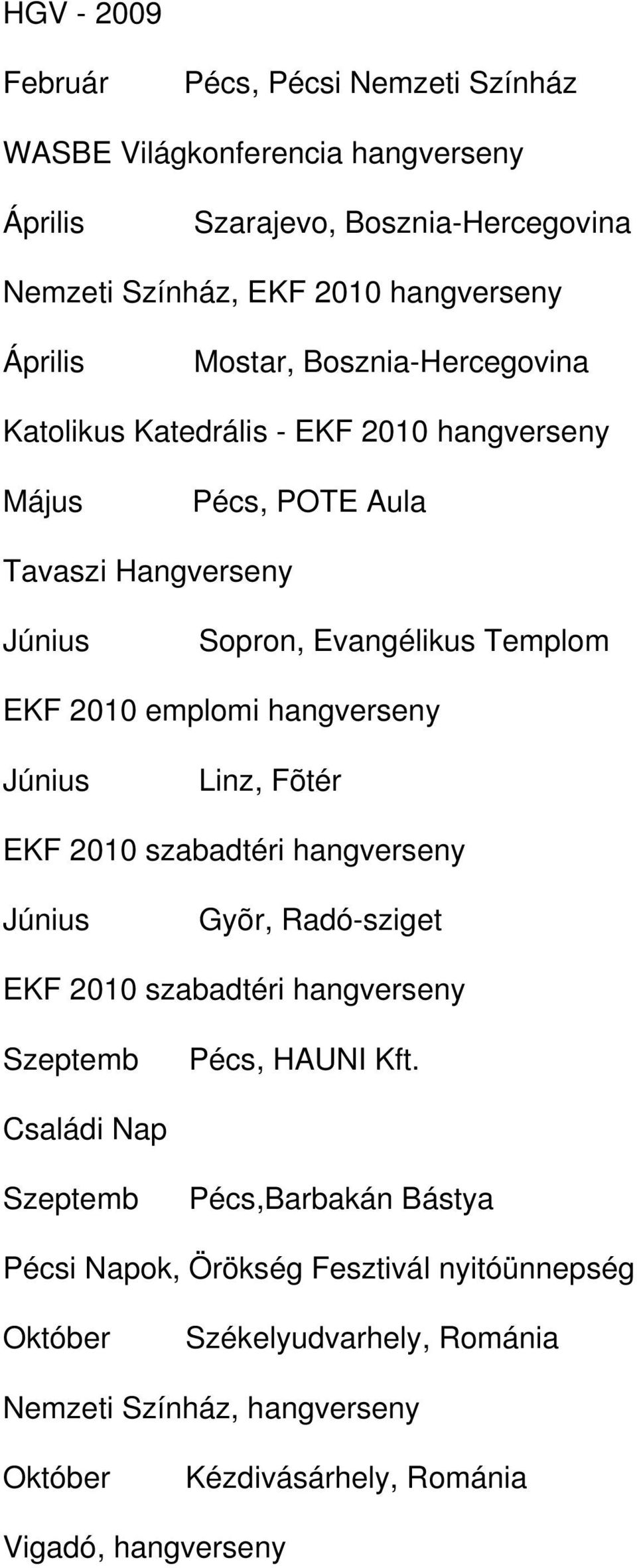 hangverseny Linz, Fõtér EKF 2010 szabadtéri hangverseny Gyõr, Radó-sziget EKF 2010 szabadtéri hangverseny Szeptemb Pécs, HAUNI Kft.