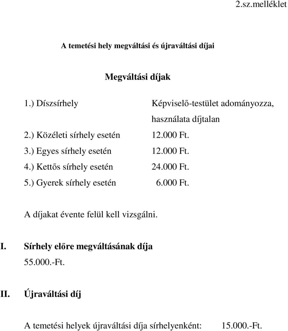 ) Egyes sírhely esetén 12.000 Ft. 4.) Kettős sírhely esetén 24.000 Ft. 5.) Gyerek sírhely esetén 6.000 Ft. A díjakat évente felül kell vizsgálni.
