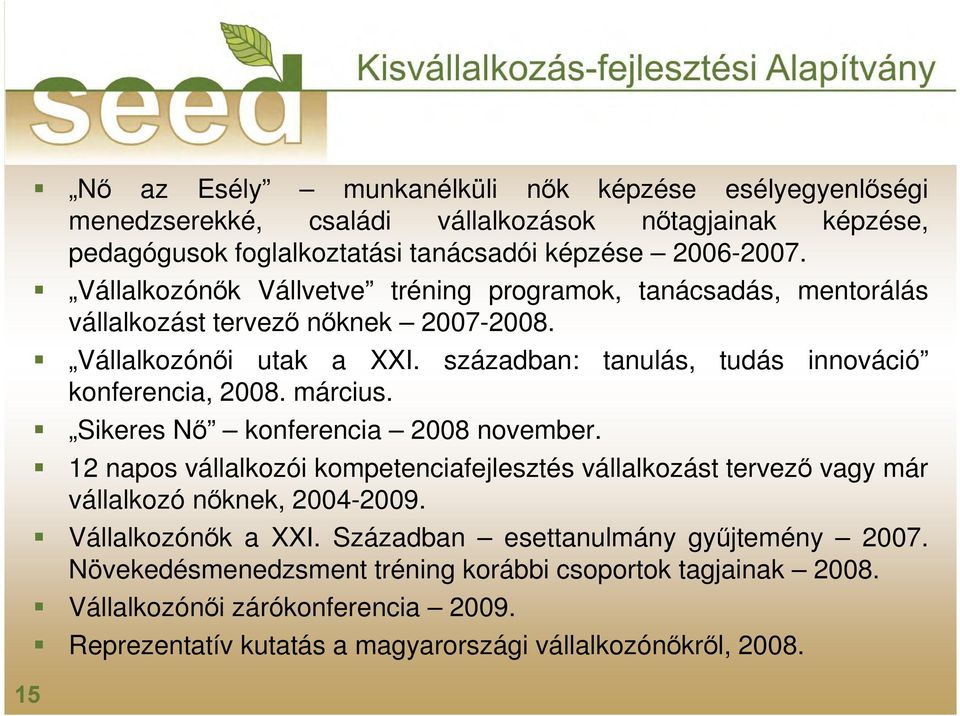 században: tanulás, tudás innováció konferencia, 2008. március. Sikeres Nı konferencia 2008 november.