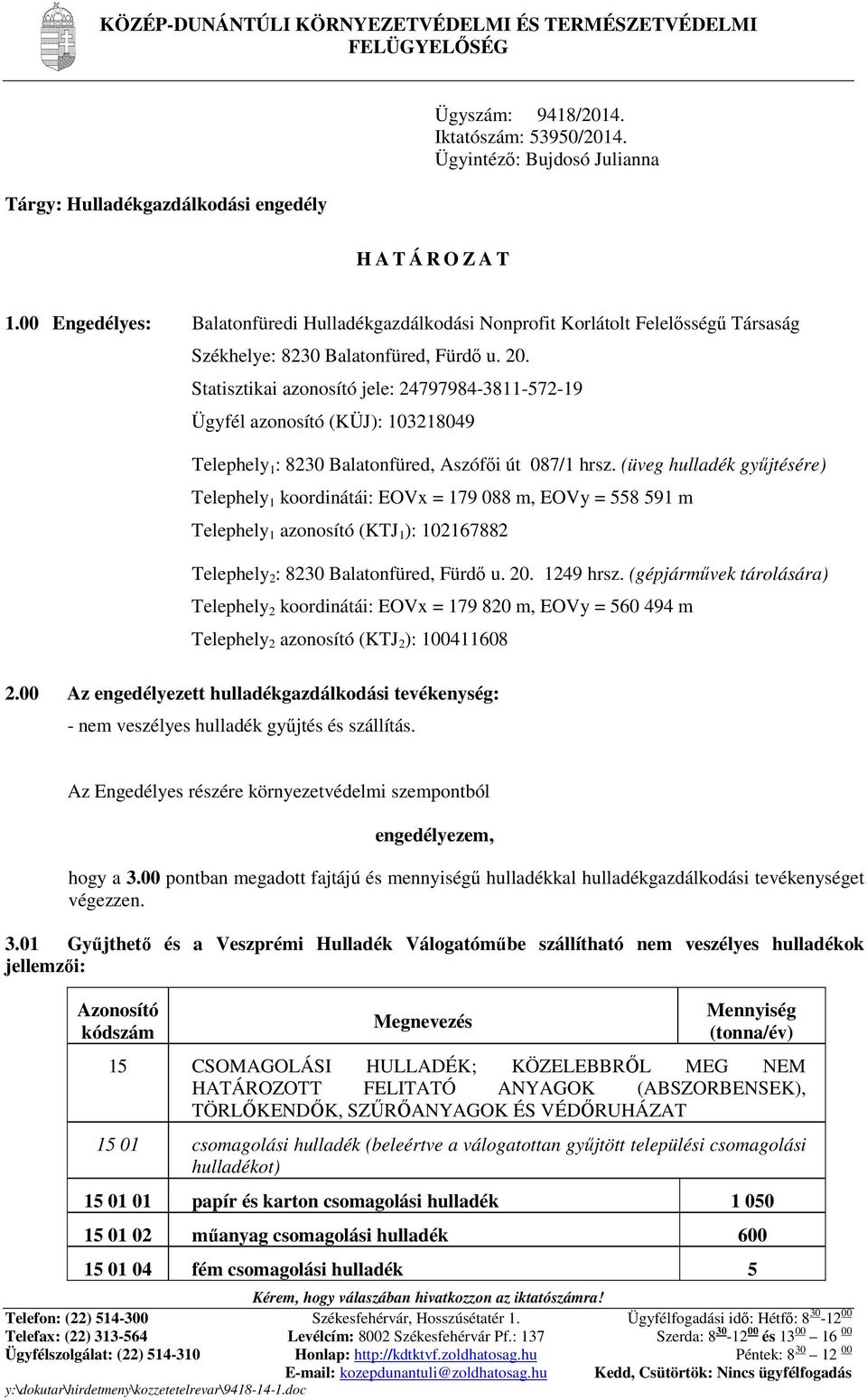 Statisztikai azonosító jele: 24797984-3811-572-19 Ügyfél azonosító (KÜJ): 103218049 Telephely 1 : 8230 Balatonfüred, Aszófıi út 087/1 hrsz.