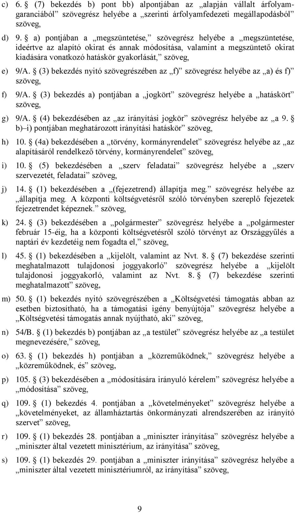 9/A. (3) bekezdés nyitó szövegrészében az f) szövegrész helyébe az a) és f) szöveg, f) 9/A. (3) bekezdés a) pontjában a jogkört szövegrész helyébe a hatáskört szöveg, g) 9/A.