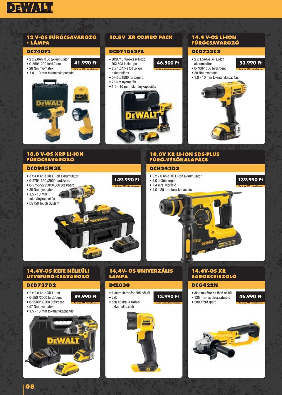 4 V-OS LI-ION FÚRÓCSAVAROZÓ DCD733C2 2 x 1,5Ah-s XR Li-Ion akkumulátor 53.990 Ft 0-400/1300 ford./perc 30 Nm nyomaték 1.0-10 mm tokmánykapacitás 18.0 V-OS XRP LI-ION FÚRÓCSAVAROZÓ 18.