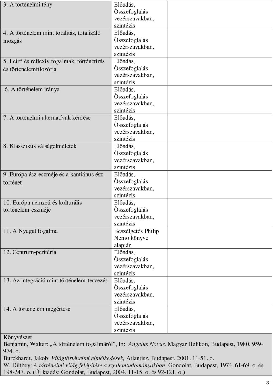 Centrum-periféria 13. Az integráció mint történelem-tervezés 14. A történelem megértése Könyvészet Benjamin, Walter: A történelem fogalmáról, In: Angelus Novus, Magyar Helikon, Budapest, 1980.