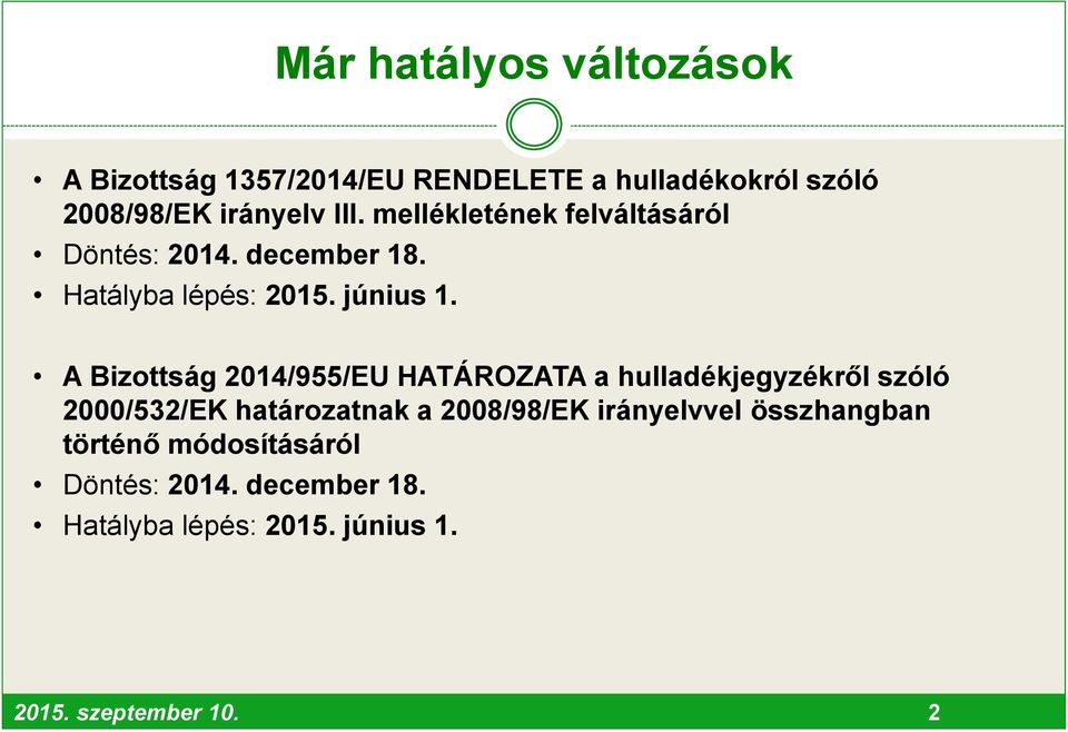 A Bizottság 2014/955/EU HATÁROZATA a hulladékjegyzékről szóló 2000/532/EK határozatnak a 2008/98/EK