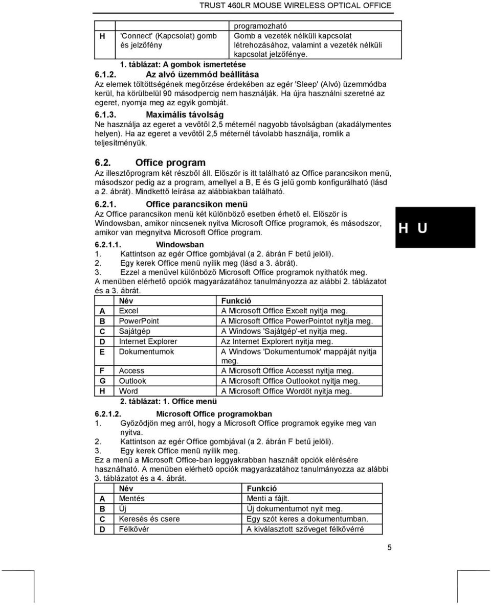 Ha újra használni szeretné az egeret, nyomja meg az egyik gombját. 6.1.3. Maximális távolság Ne használja az egeret a vevőtől 2,5 méternél nagyobb távolságban (akadálymentes helyen).