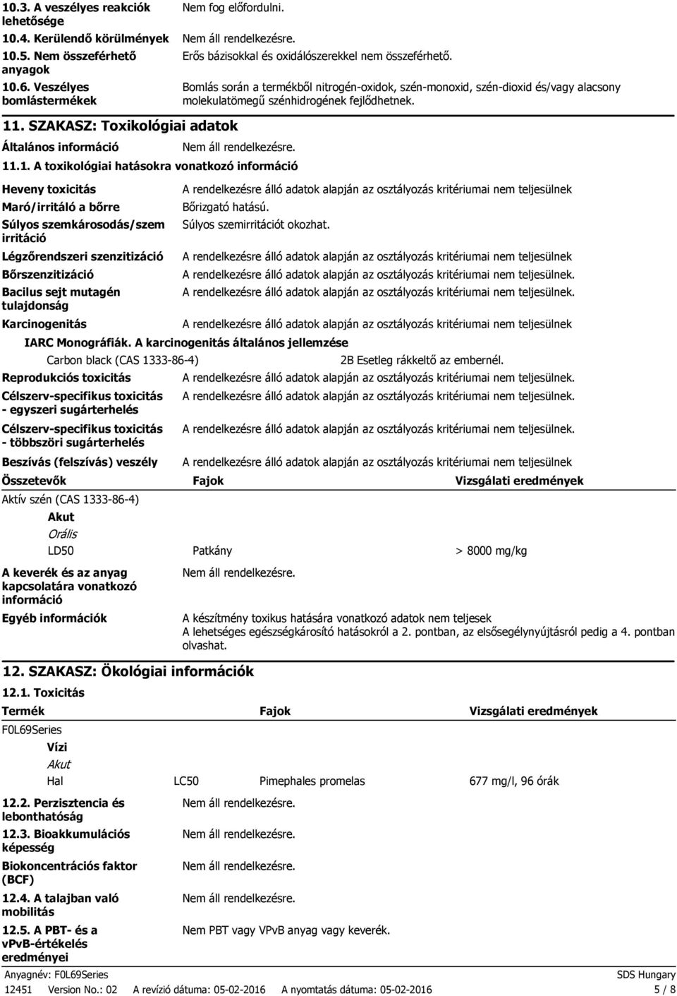 Bomlás során a termékből nitrogénoxidok, szénmonoxid, széndioxid és/vagy alacsony molekulatömegű szénhidrogének fejlődhetnek. 11