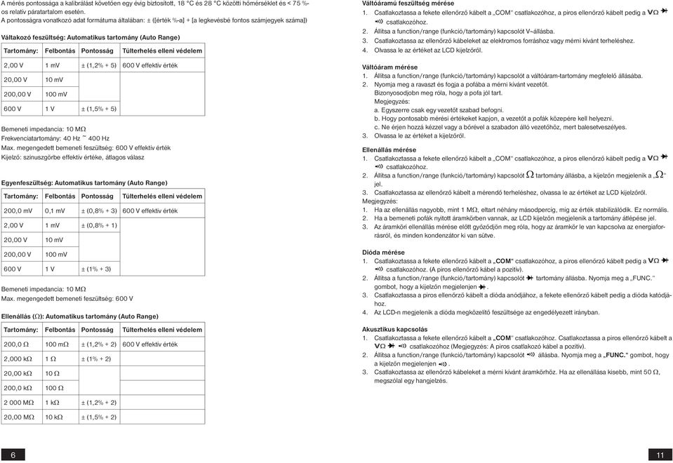 Túlterhelés elleni védelem 2,00 V 1 mv ± (1,2% + 5) 600 V effektív érték 20,00 V 10 mv 200,00 V 100 mv 600 V 1 V ± (1,5% + 5) Bemeneti impedancia: 10 MΩ Frekvenciatartomány: 40 Hz ~ 400 Hz Max.