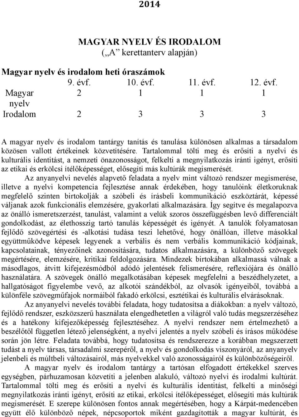 Tartalommal tölti meg és erősíti a nyelvi és kulturális identitást, a nemzeti önazonosságot, felkelti a megnyilatkozás iránti igényt, erősíti az etikai és erkölcsi ítélőképességet, elősegíti más