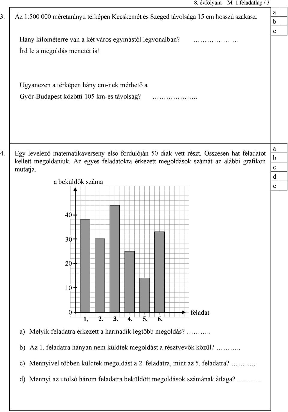 Összesen ht feltot kellett megolniuk. Az egyes feltokr érkezett megolások számát z lái grfikon muttj. ekülők szám e 40 30 20 10 0 felt 1. 2. 3. 4. 5. 6.