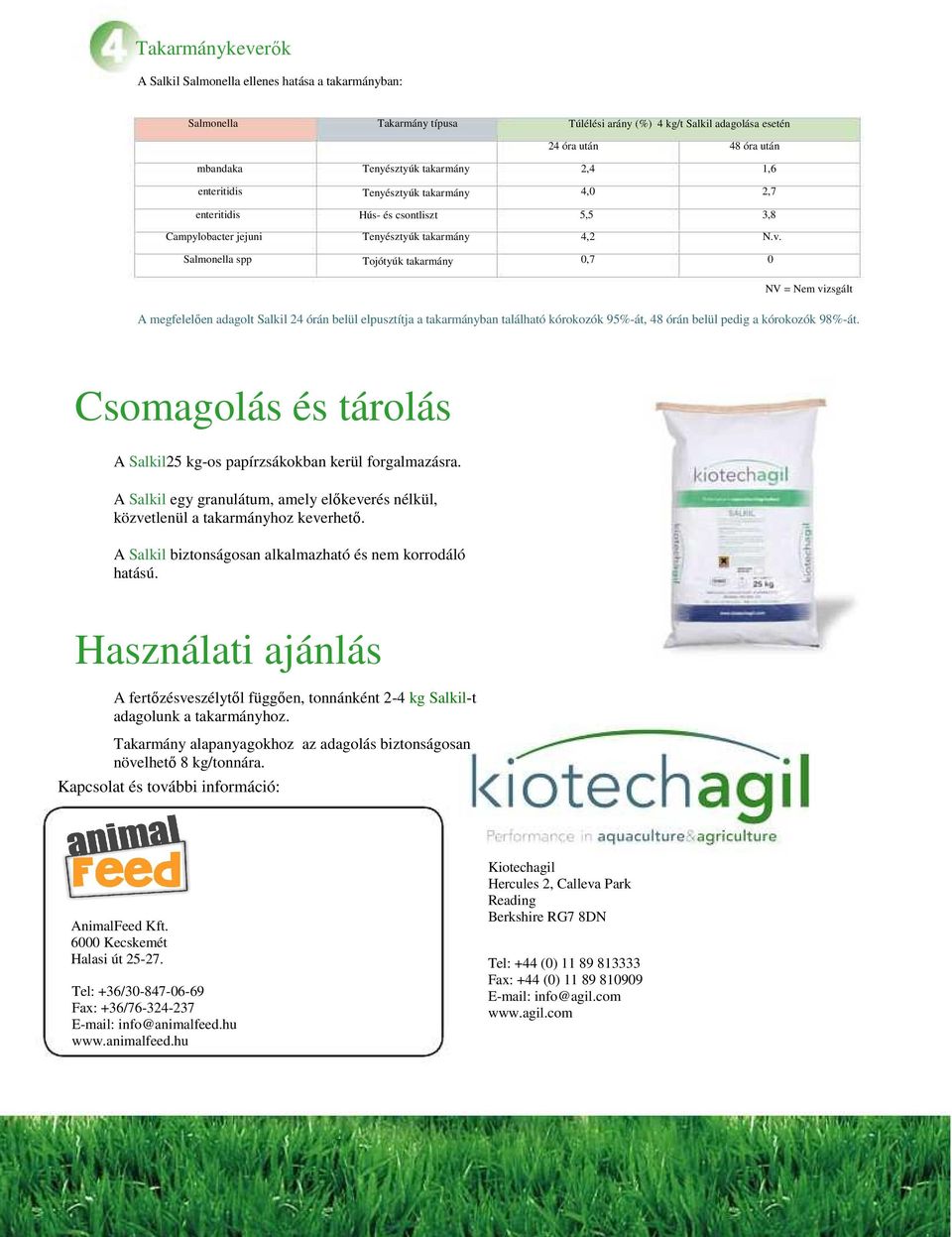 Salmonella spp Tojótyúk takarmány 0,7 0 NV = Nem vizsgált A megfelelően adagolt Salkil 24 órán belül elpusztítja a takarmányban található kórokozók 95%-át, 48 órán belül pedig a kórokozók 98%-át.