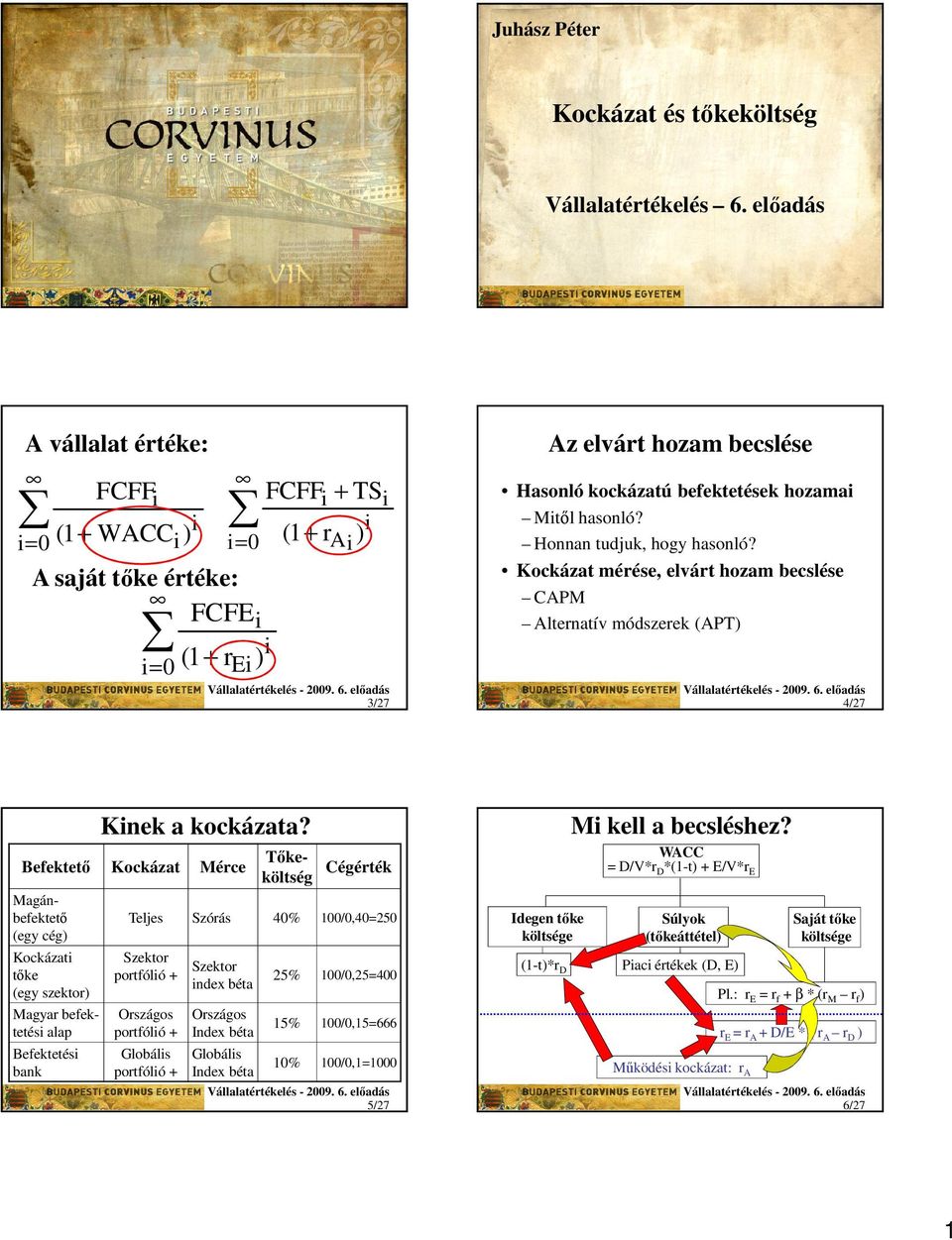 Honnan tudjuk, hogy hasonló? Kockázat mérése, elvárt hozam becslése CAPM Alternatív módszerek (APT 4/27 Knek a kockázata?