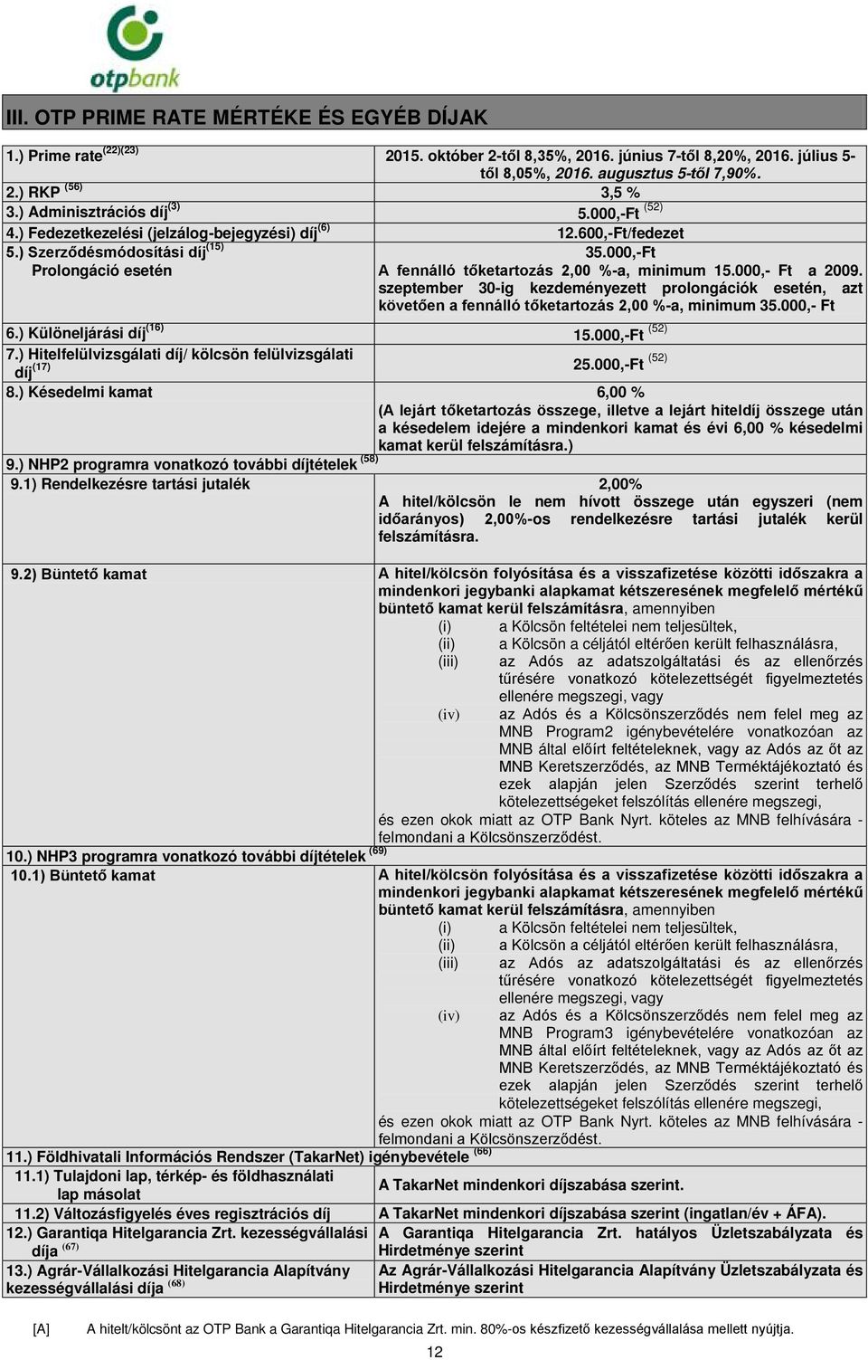 00 A fennálló tőketartozás 2,00 %-a, minimum 15.000,- Ft a 2009. szeptember 30-ig kezdeményezett prolongációk esetén, azt követően a fennálló tőketartozás 2,00 %-a, minimum 35.000,- Ft 6.
