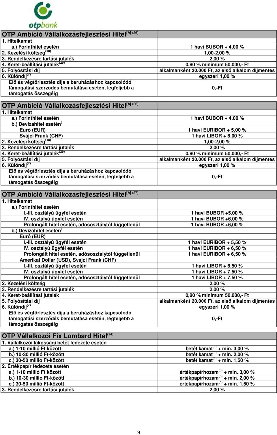 Különdíj (7) egyszeri 1,00 % Elő és végtörlesztés díja a beruházáshoz kapcsolódó támogatási szerződés bemutatása esetén, legfeljebb a támogatás összegéig [A] (26) OTP Ambíció Vállalkozásfejlesztési