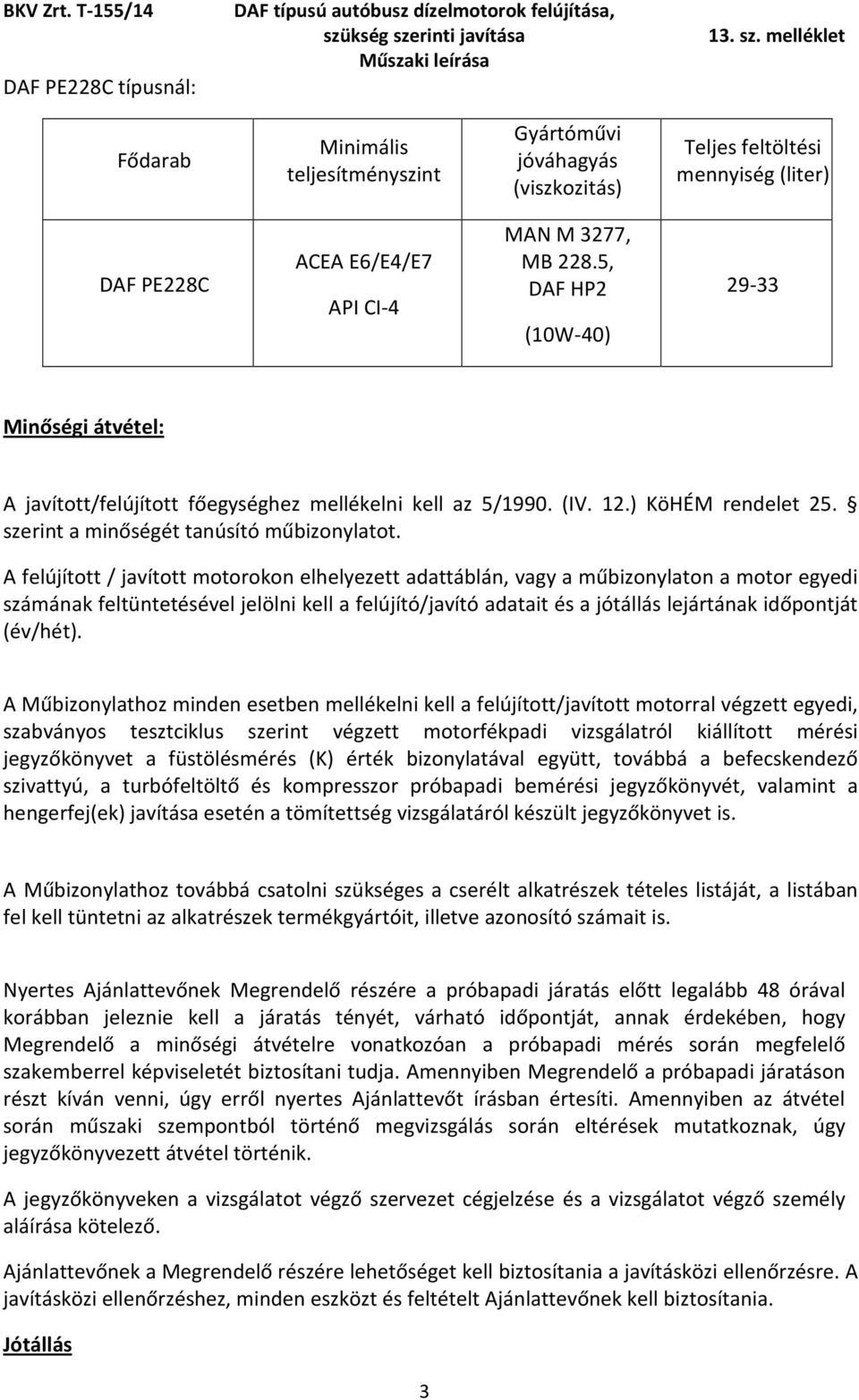 E6/E4/E7 API CI-4 MAN M 3277, MB 228.5, DAF HP2 (10W-40) 29-33 Minőségi átvétel: A javított/felújított főegységhez mellékelni kell az 5/1990. (IV. 12.) KöHÉM rendelet 25.
