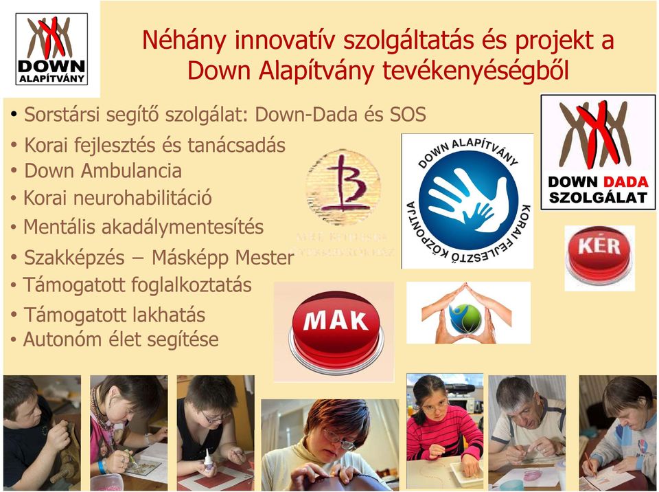 Down Ambulancia Korai neurohabilitáció Mentális akadálymentesítés Szakképzés