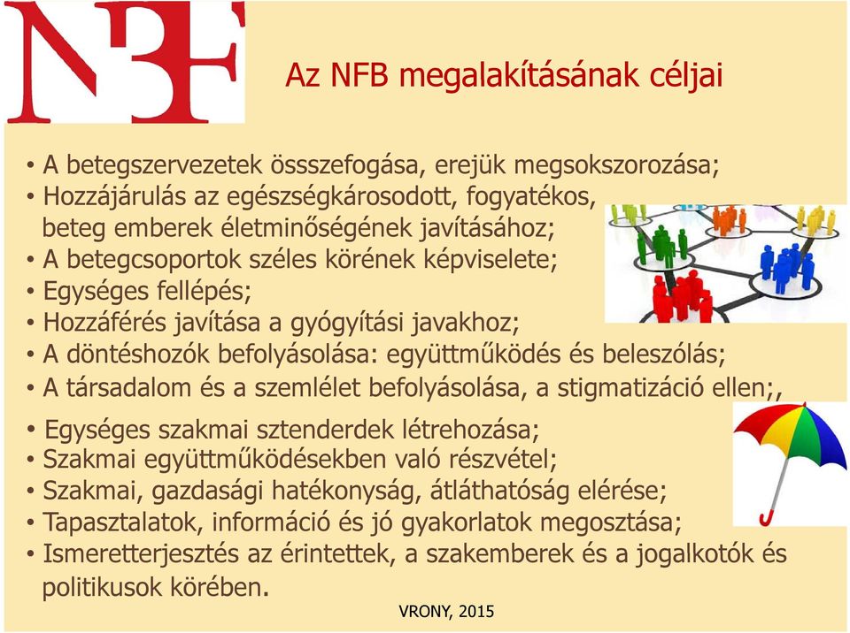 beleszólás; A társadalom és a szemlélet befolyásolása, a stigmatizáció ellen;, Egységes szakmai sztenderdek létrehozása; Szakmai együttműködésekben való részvétel; Szakmai,