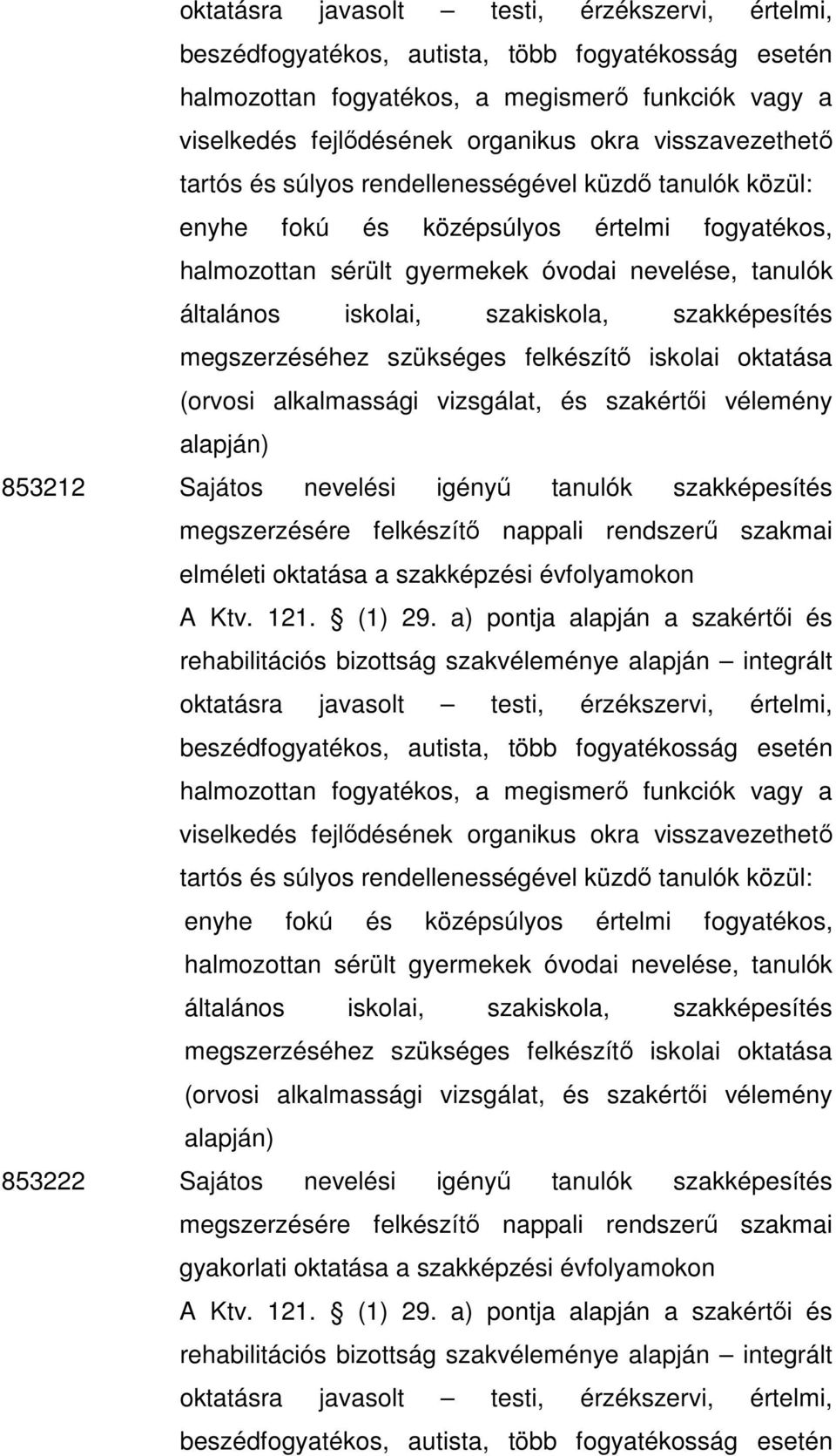 évfolyamokon (orvosi alkalmassági vizsgálat, és szakértıi vélemény alapján) 853222 Sajátos nevelési igényő