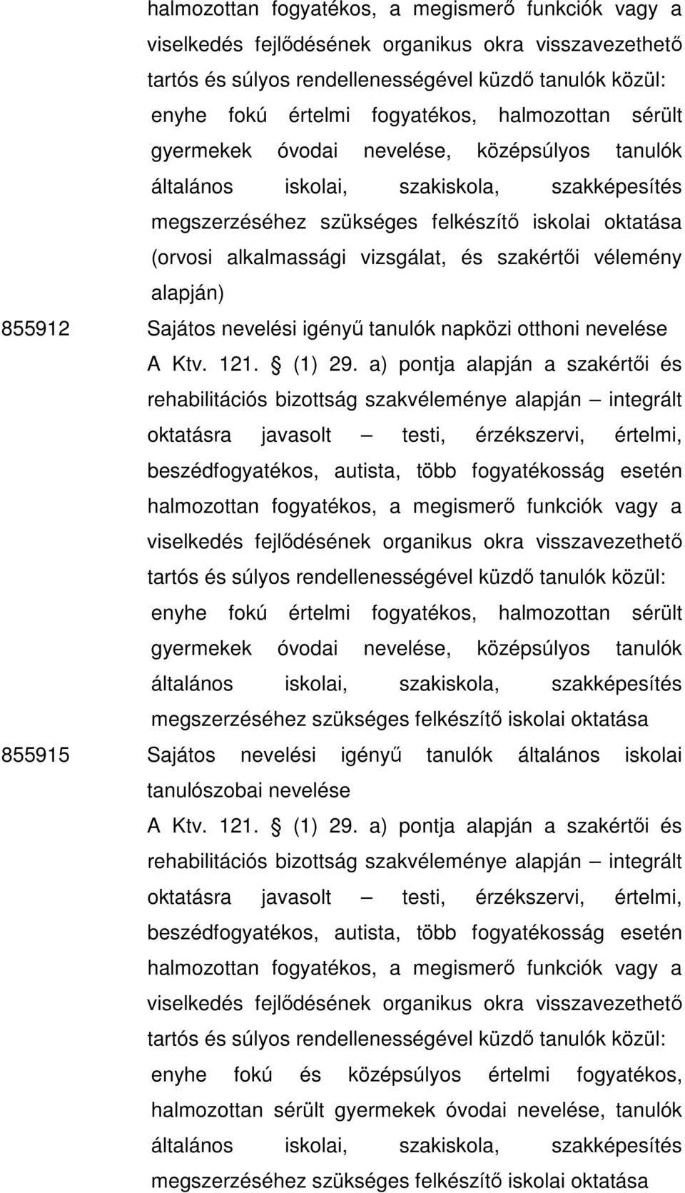 tanulók napközi otthoni nevelése  855915 Sajátos nevelési igényő tanulók általános iskolai