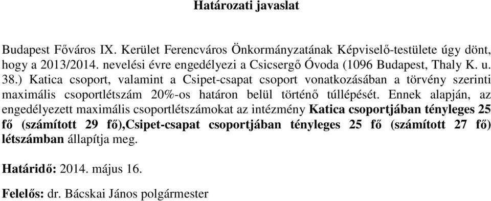 ) Katica csoport, valamint a Csipet-csapat csoport vonatkozásában a törvény szerinti maximális csoport 20%-os határon belül történő túllépését.