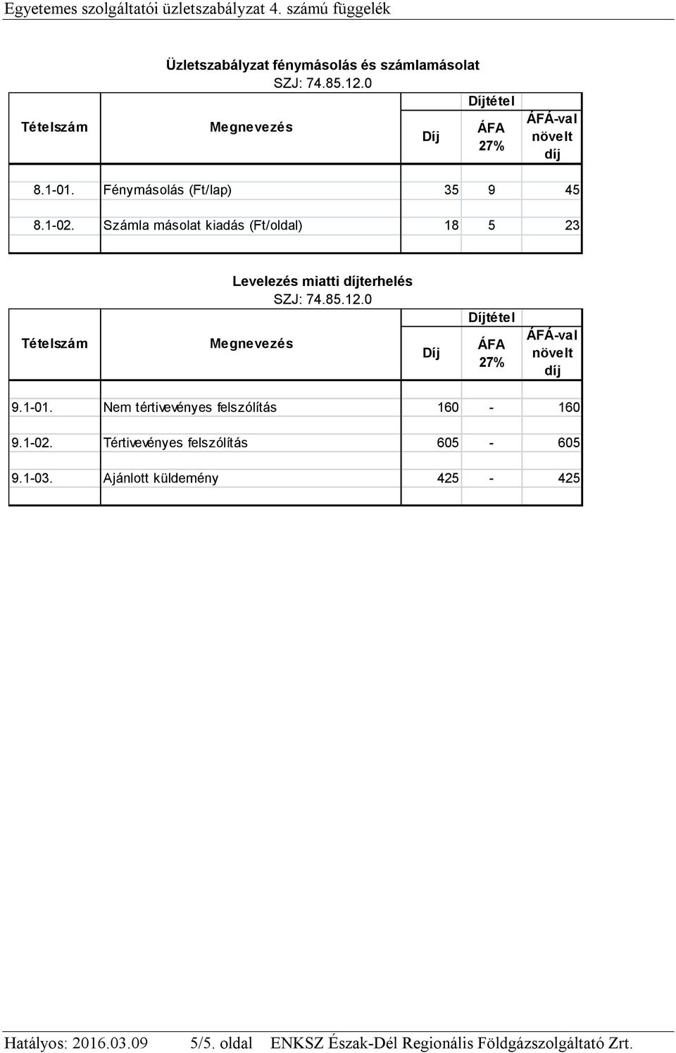 Számla másolat kiadás (Ft/oldal) 18 5 23 Tételszám Levelezés miatti díjterhelés SZJ: 74.85.12.