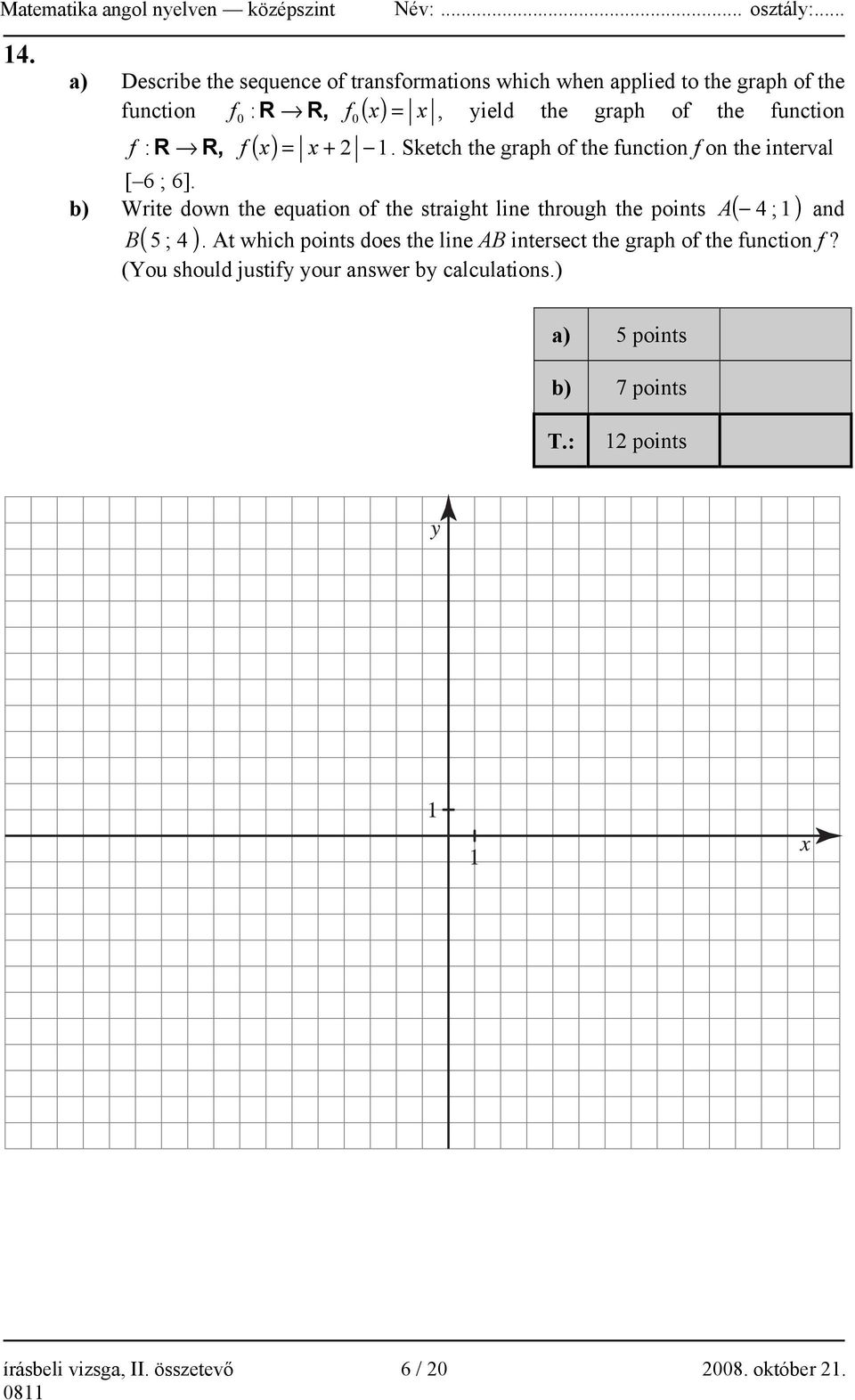 At which points does the line AB intersect the graph of the function f? (You should justify your answer by calculations.