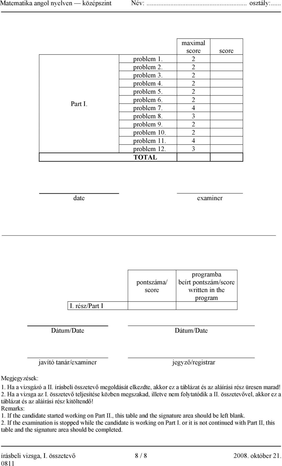 Ha a vizsgázó a II. írásbeli összetevő megoldását elkezdte, akkor ez a táblázat és az aláírási rész üresen marad! 2. Ha a vizsga az I.