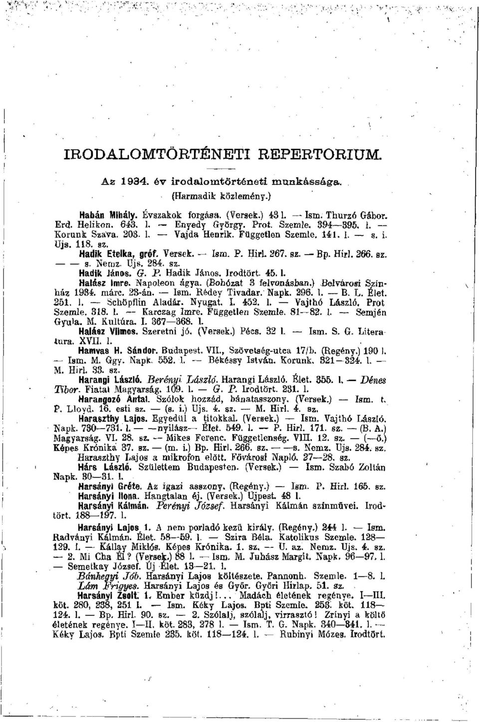 G. P. Hadik János. Irodtört. 45.1. Halász Imre. Napoleon ágya. (Bohózat 3 felvonásban.) Belvárosi Színház 1934. márc. 23-án. Ism. Rédey Tivadar. Napk. 296. I. B. L. Élet. 251. 1. Schöpflin Aladár.