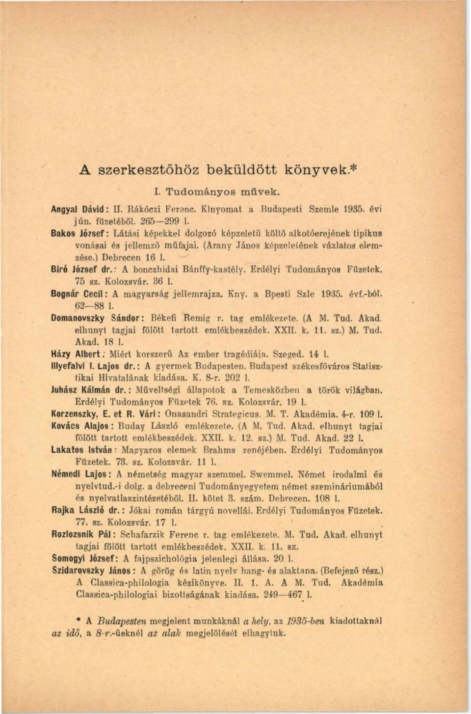 : A bonczhidai Bánffy-kastély. Erdélyi Tudományos Füzetek. 75 sz. Kolozsvár. 36 1. Bognár Cecil: A magyarság jellemrajza. Kny. a Bpesti Szle 1935. évf.-ból. 62 88 1.