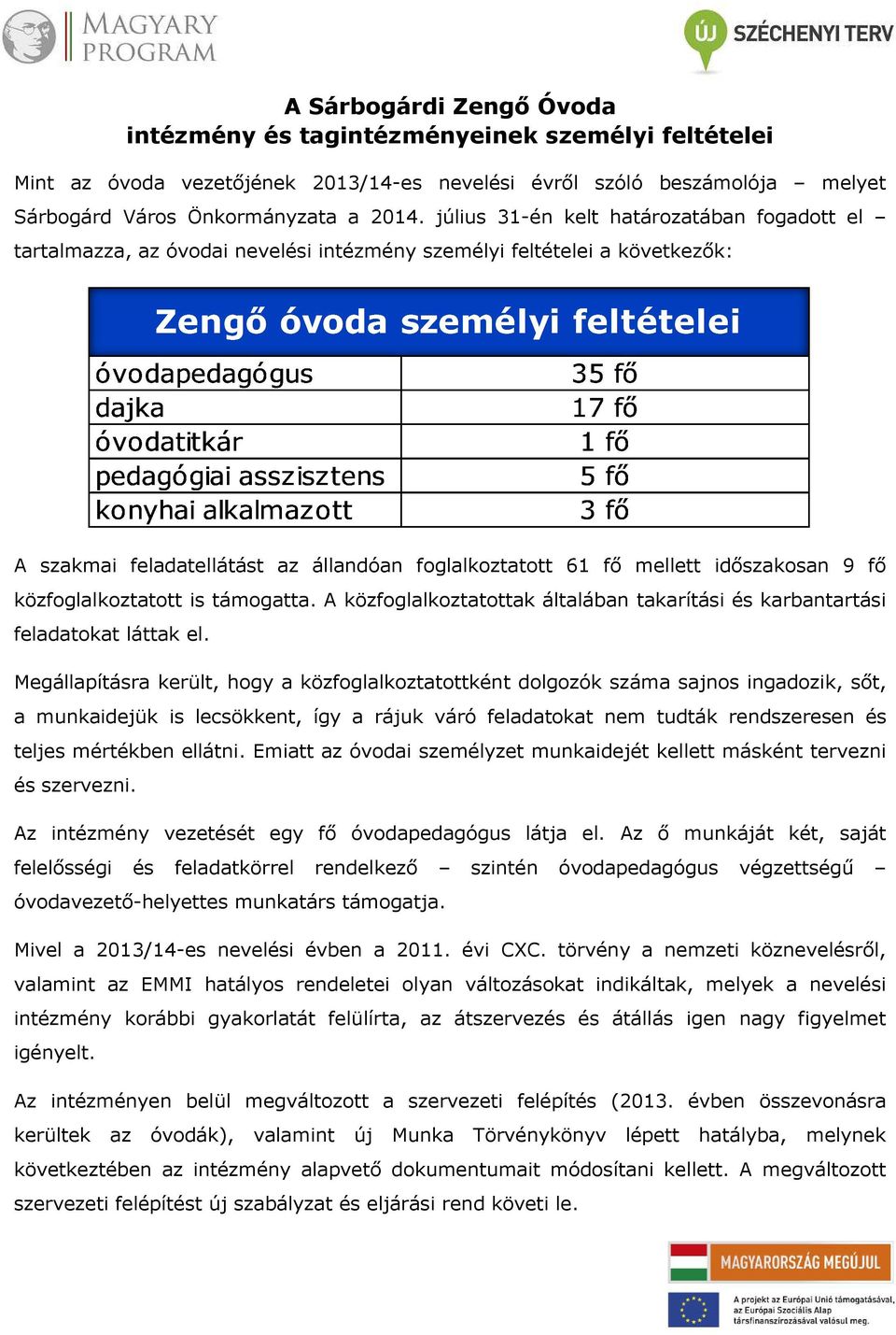időszakosan 9 fő közfoglalkoztatott is támogatta. A közfoglalkoztatottak általában takarítási és karbantartási feladatokat láttak el.