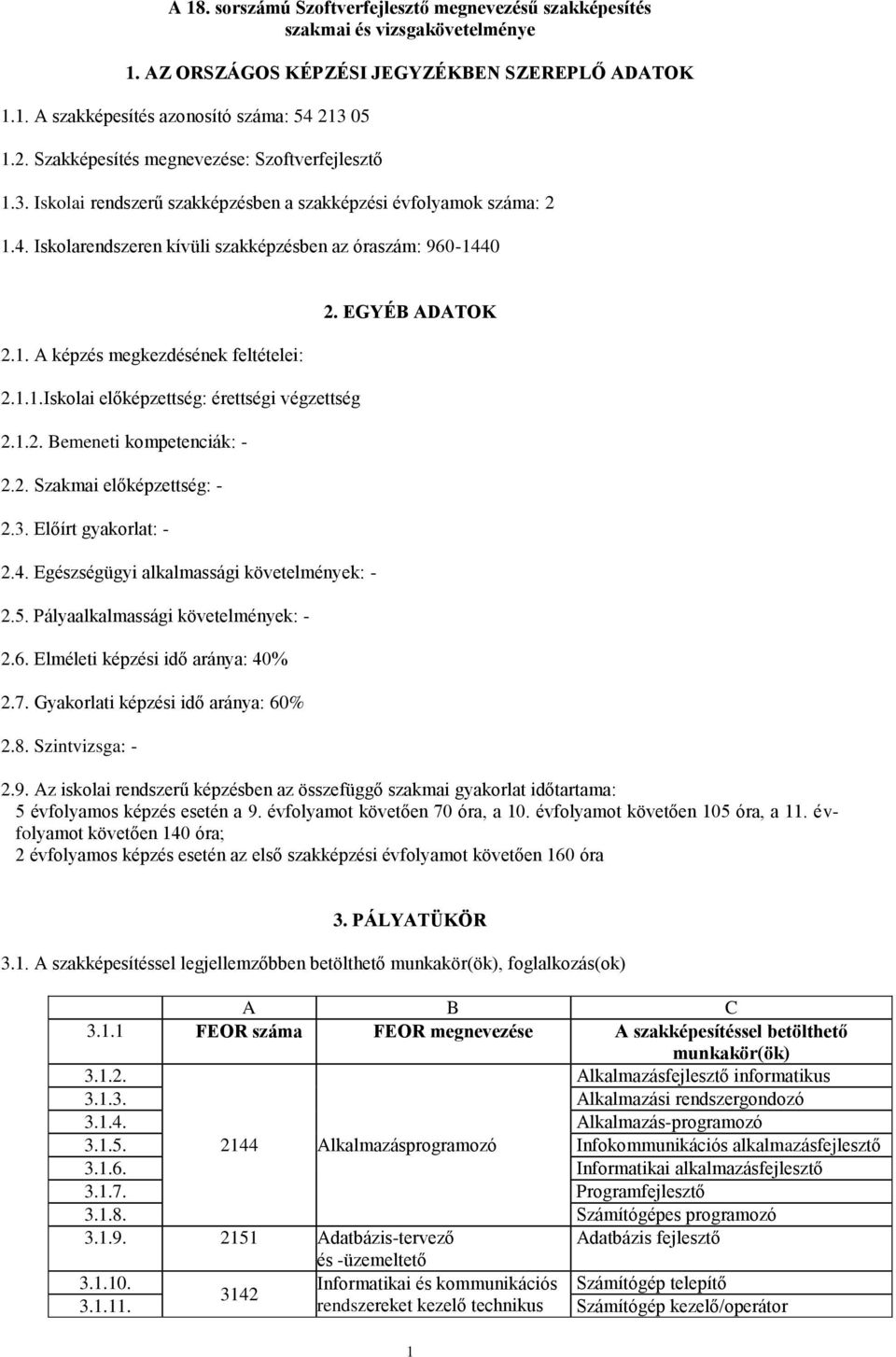 1.1.Iskolai előképzettség: érettségi végzettség 2.1.2. Bemeneti kompetenciák: - 2.2. Szakmai előképzettség: - 2.3. Előírt gyakorlat: - 2.4. Egészségügyi alkalmassági követelmények: - 2.5.