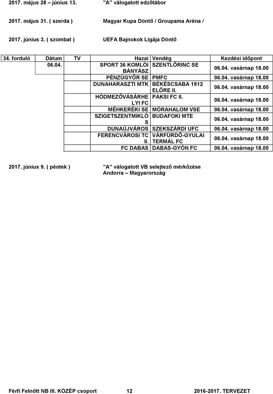 04. vasárnap 18.00 MÉHKERÉKI E MÓRAHALOM VE 06.04. vasárnap 18.00 ZIGETZENTMIKLÓ BUDAFOKI MTE 06.04. vasárnap 18.00 DUNAÚJVÁRO ZEKZÁRDI UFC 06.04. vasárnap 18.00 FERENCVÁROI TC VÁRFÜRDŐ-GYULAI 06.04. vasárnap 18.00 FC DABA DABA-GYÓN FC 06.