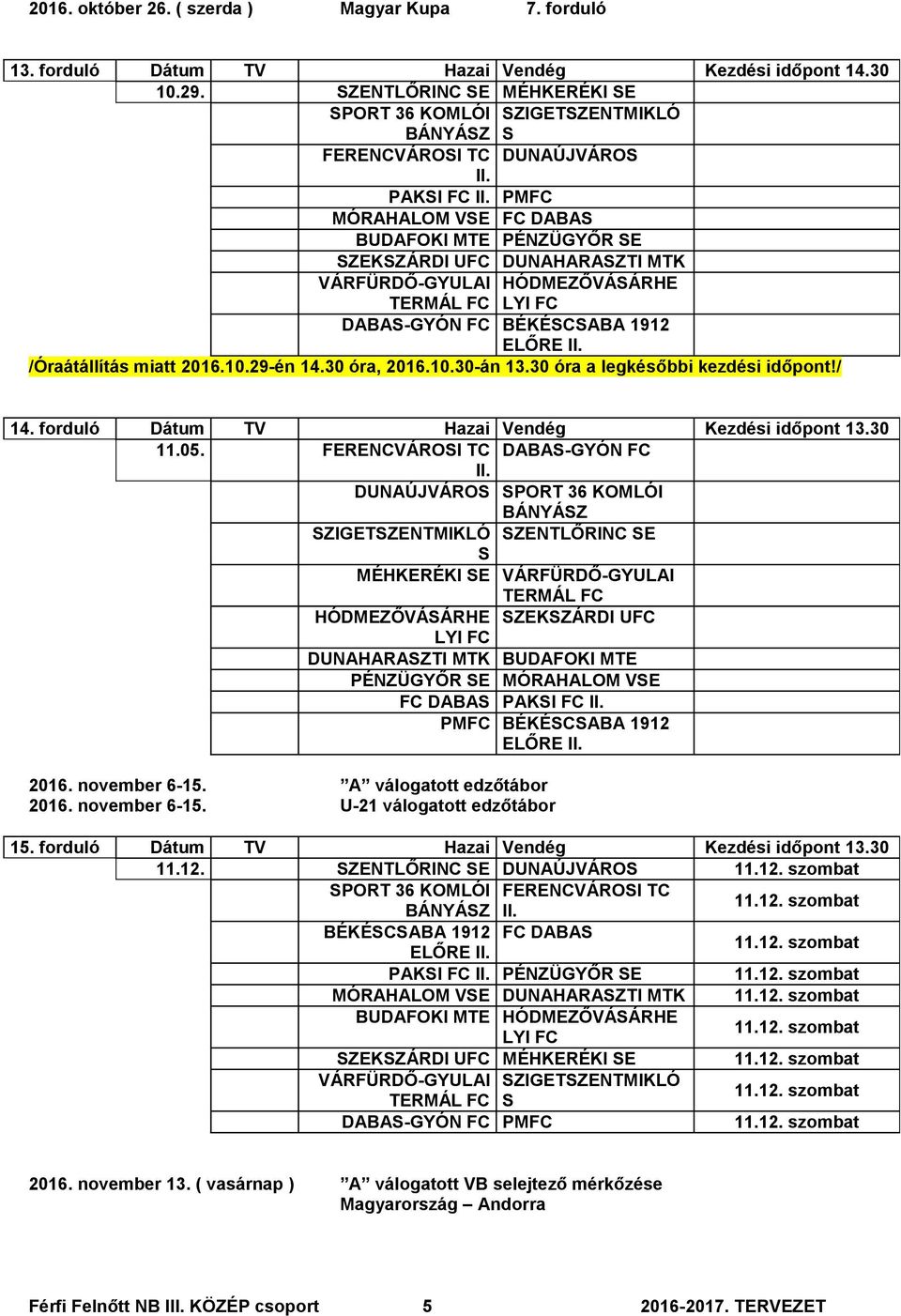 HÓDMEZŐVÁÁRHE DABA-GYÓN FC BÉKÉCABA 1912 /Óraátállítás miatt 2016.10.29-én 14.30 óra, 2016.10.30-án 13.30 óra a legkésőbbi kezdési időpont!/ 14. forduló Dátum TV Hazai Vendég Kezdési időpont 13.30 11.