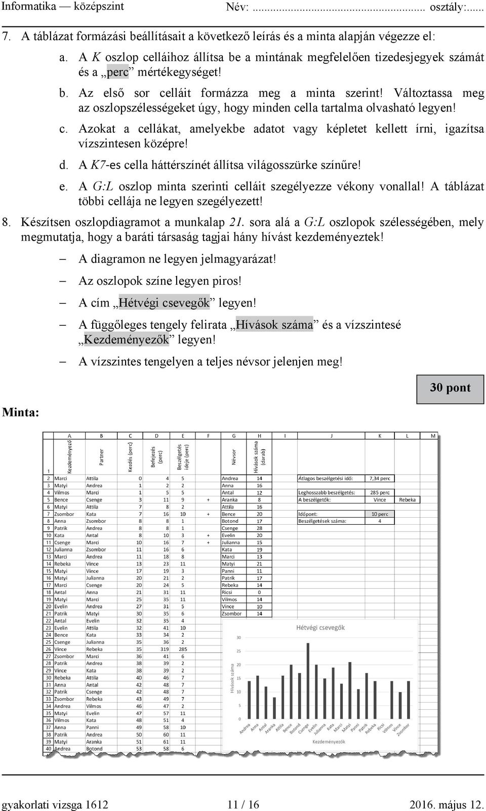 A K7-es cella háttérszínét állítsa világosszürke színűre! e. A G:L oszlop minta szerinti celláit szegélyezze vékony vonallal! A táblázat többi cellája ne legyen szegélyezett! 8.