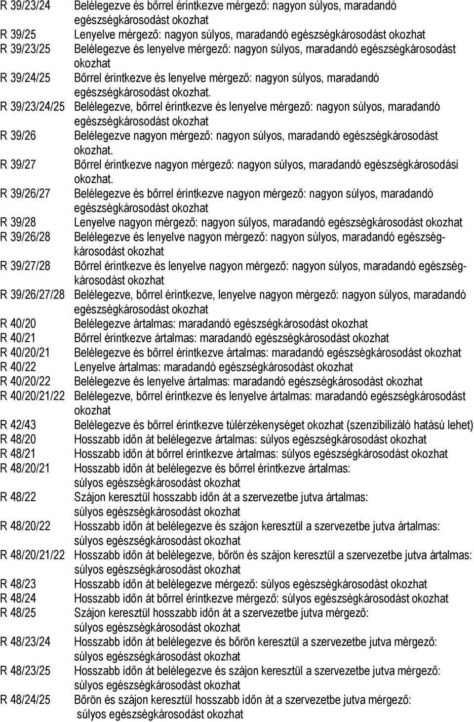 R 39/23/24/25 Belélegezve, bőrrel érintkezve és lenyelve mérgező: nagyon súlyos, maradandó egészségkárosodást okozhat R 39/26 Belélegezve nagyon mérgező: nagyon súlyos, maradandó egészségkárosodást