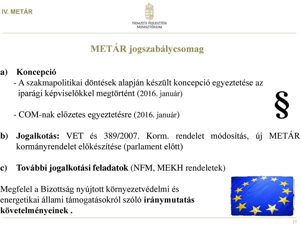 rendelet módosítás, új METÁR kormányrendelet előkészítése (parlament előtt) c) További jogalkotási feladatok (NFM, MEKH