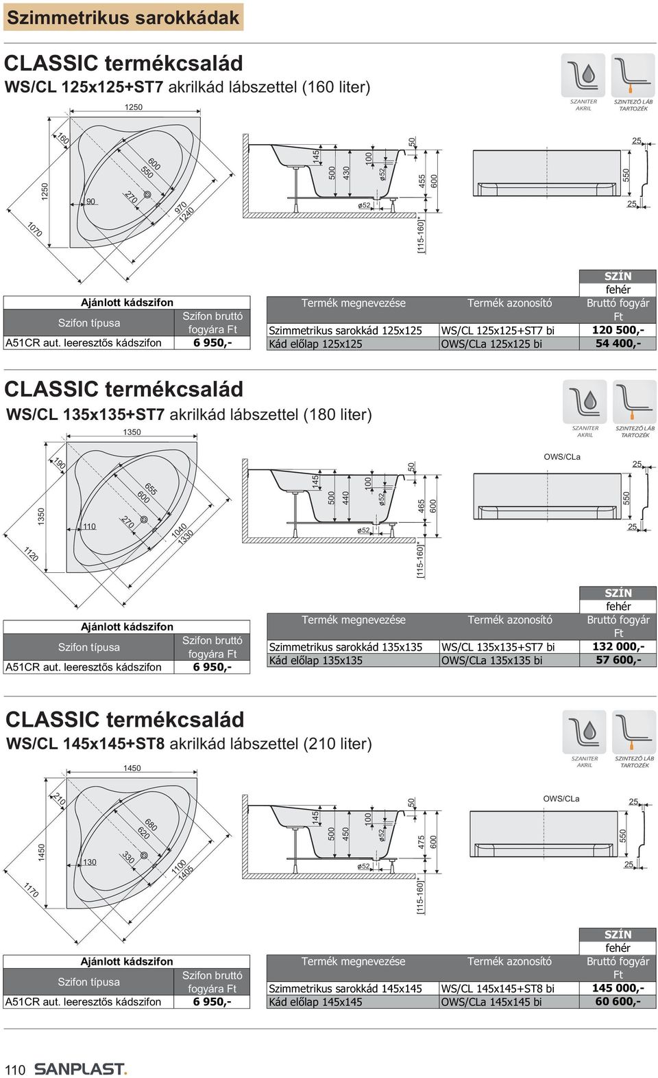 fogyára Szimmetrikus sarokkád 15x15 WS/CL 15x15+ST7 bi 12 000,- Kád előlap 15x15 OWS/CLa 15x15 bi 57,- CLSSIC termékcsalád WS/CL 15x15+ST8 akrilkád lábszettel (210
