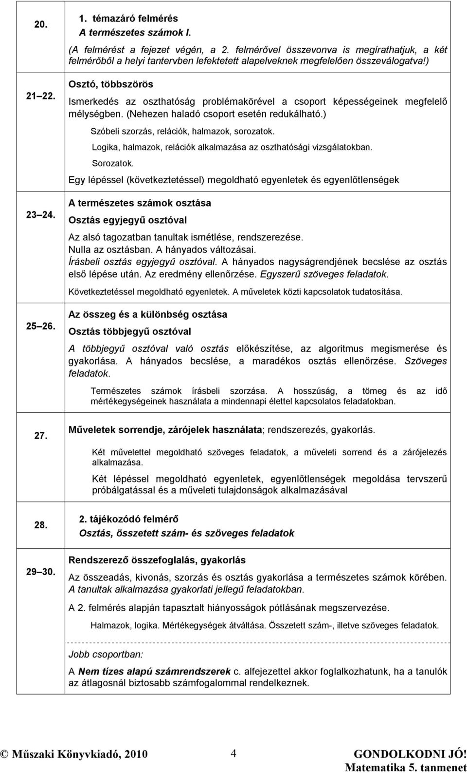 ) Osztó, többszörös Ismerkedés az oszthatóság problémakörével a csoport képességeinek megfelelő mélységben. (Nehezen haladó csoport esetén redukálható.) Szóbeli szorzás, relációk, halmazok, sorozatok.