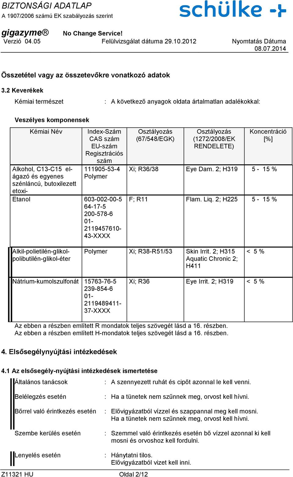 szám 111905-53-4 Polymer 603-002-00-5 64-17-5 200-578-6 01-2119457610- 43-XXXX Osztályozás (67/548/EGK) Osztályozás (1272/2008/EK RENDELETE) Koncentráció [%] Xi; R36/38 Eye Dam.