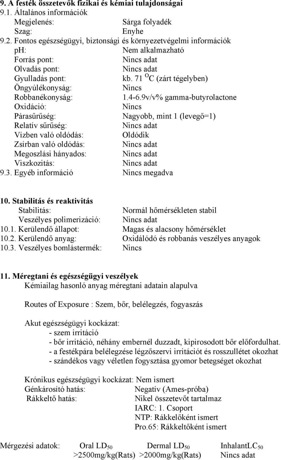 9v/v% gamma-butyrolactone Oxidáció: Nincs Párasűrűség: Nagyobb, mint 1 (levegő=1) Relatív sűrűség: Vízben való oldódás: Oldódik Zsírban való oldódás: Megoszlási hányados: Viszkozitás: 9.3.