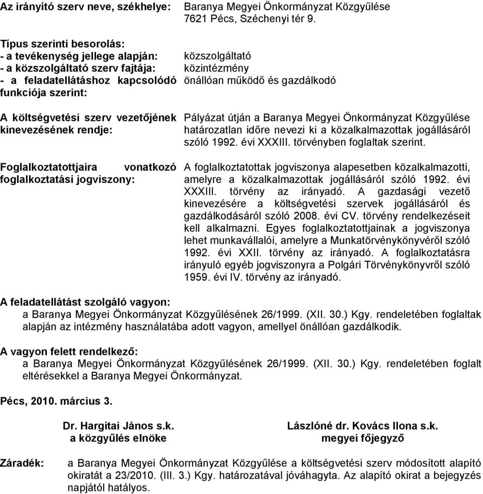 szerint: A költségvetési szerv vezetőjének kinevezésének rendje: Foglalkoztatottjaira vonatkozó foglalkoztatási jogviszony: Pályázat útján a Baranya Megyei Önkormányzat Közgyűlése határozatlan időre