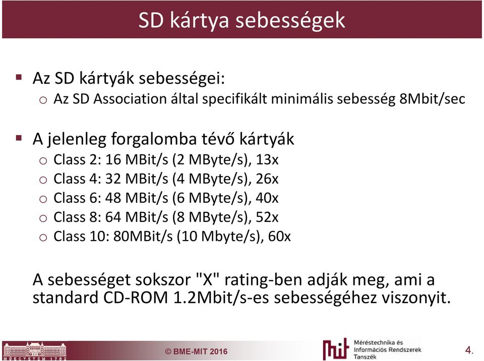 Class 6: 48 MBit/s (6 MByte/s), 40x o Class 8: 64 MBit/s (8 MByte/s), 52x o Class 10: 80MBit/s (10 Mbyte/s), 60x A