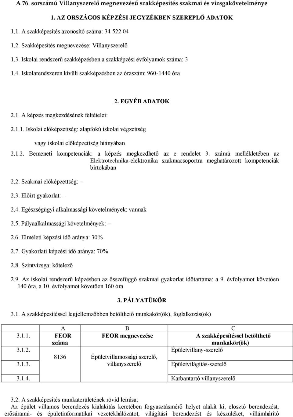 EGYÉB ADATOK 2.1.1. Iskolai előképzettség: alapfokú iskolai végzettség vagy iskolai előképzettség hiányában 2.1.2. Bemeneti kompetenciák: a képzés megkezdhető az e rendelet 3.