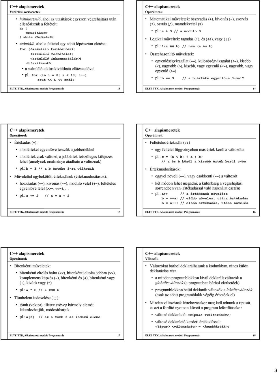 : for (in i = 0; i < 10; i++) cout << i << endl; ELTE TTK, Alkalmazott modul: Programozás 13 Operátorok Matematikai műveletek: összeadás (+), kivonás ( ), szorzás (*), osztás (/), maradékvétel (%) pl.